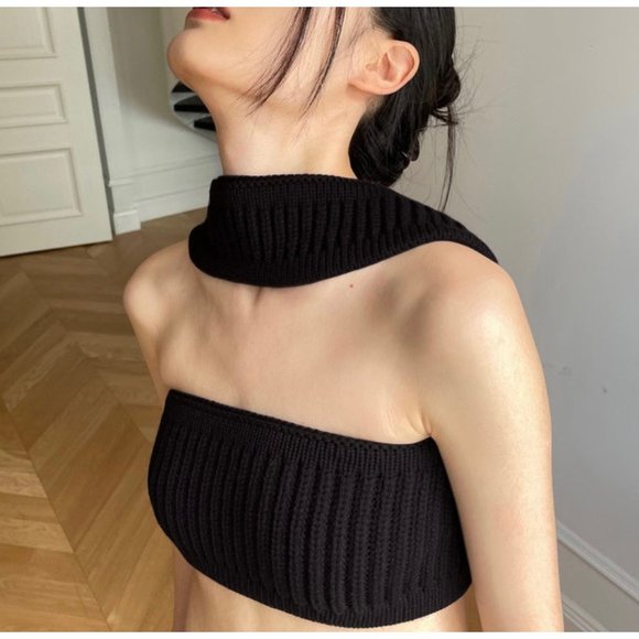 Womens|Knit Halter Crop Top|Medium M|Black|Stretch - Picture 1 of 11